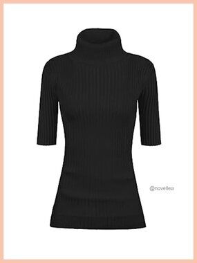 Women Turtleneck Half Sleeve Stretchy Ribbed Knit Fitted Sweater